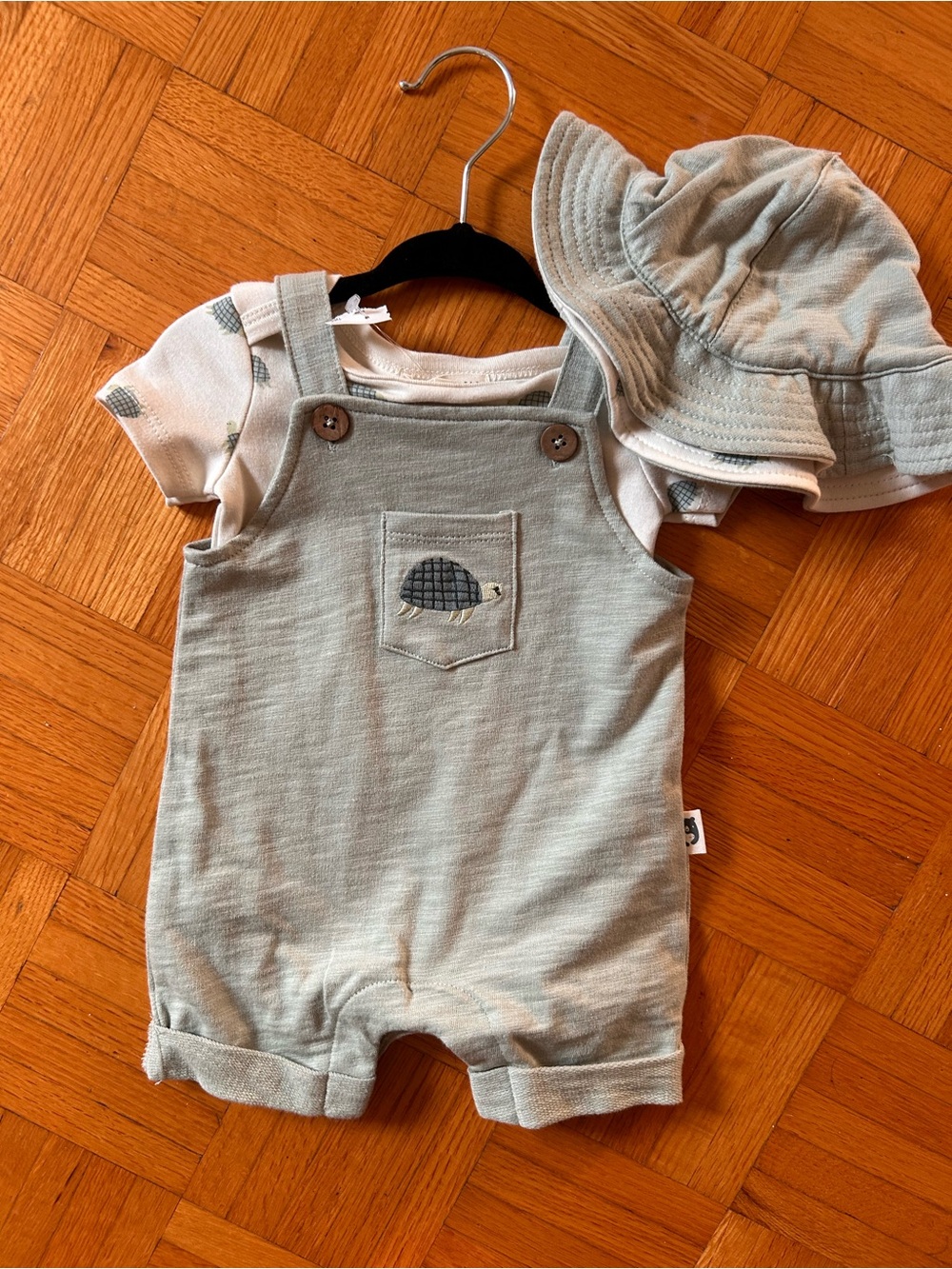 Baby Sage Green Short Overalls with Pocket Turtle Embroidery and Matching Hat